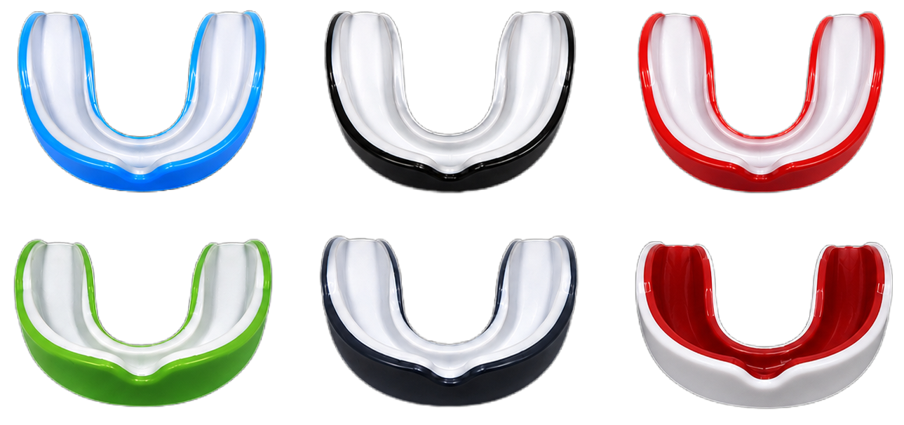 izi SportGuard dual-layer mouthguard range in blue, black, red, green, charcoal and white