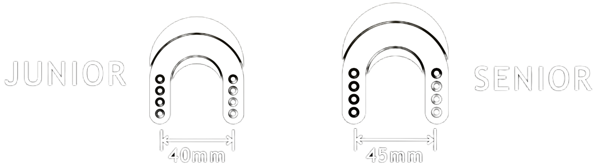 Available sizes: junior 40mm and senior 45mm mouthguards